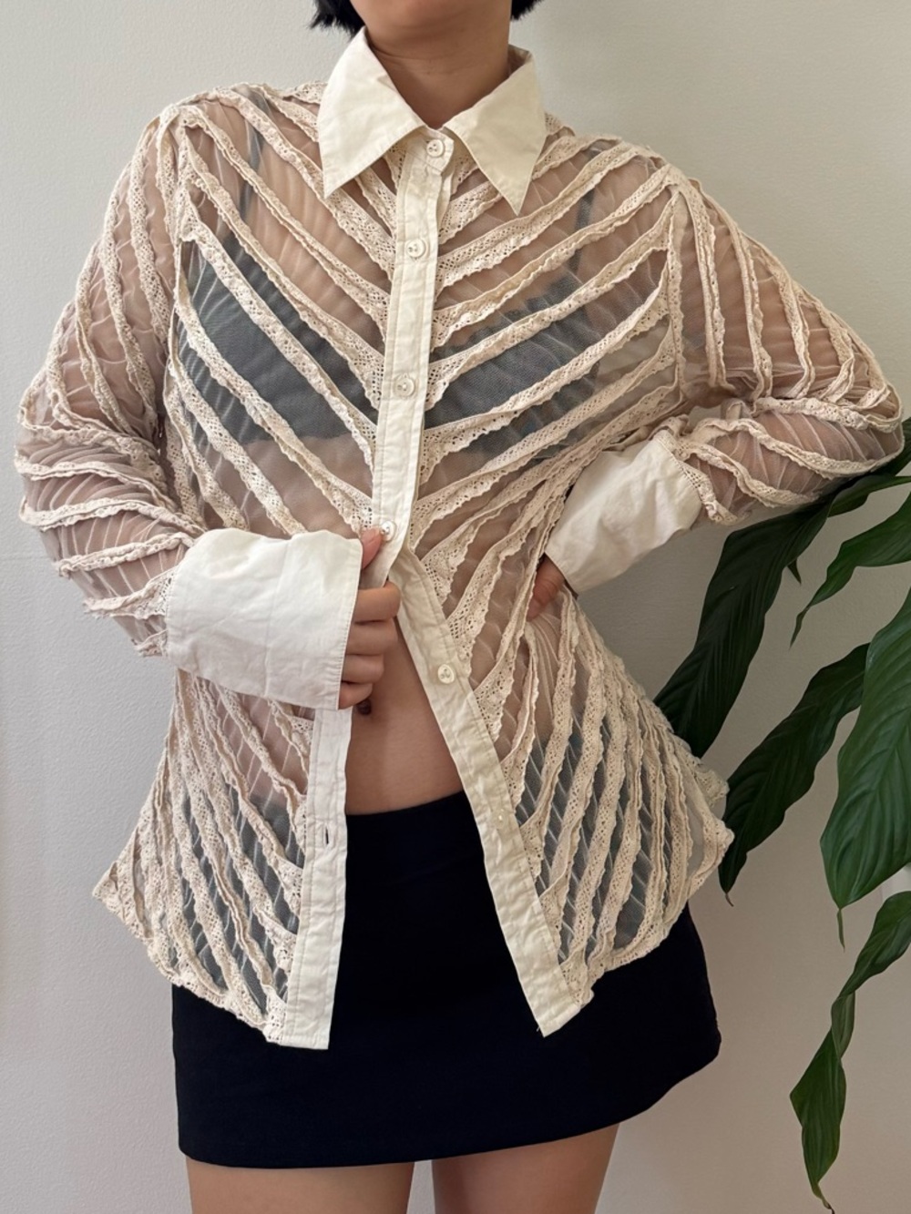 Vintage Zba 100% Cotton Lace Ruffled Sheer Mesh Button Up Cream Shirt Size XL